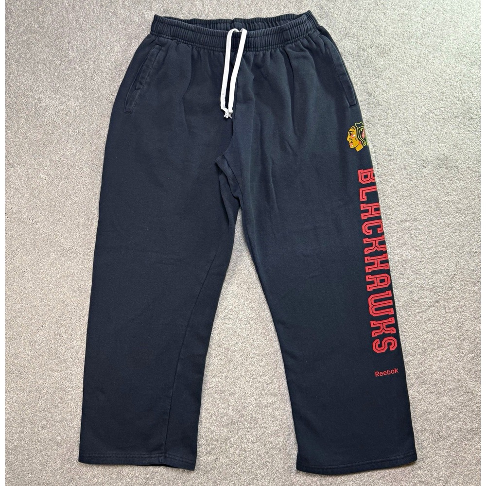 Vintage Reebok NHL Chicago Blackhawks Mens Large Sweatpants Open Bottom Black